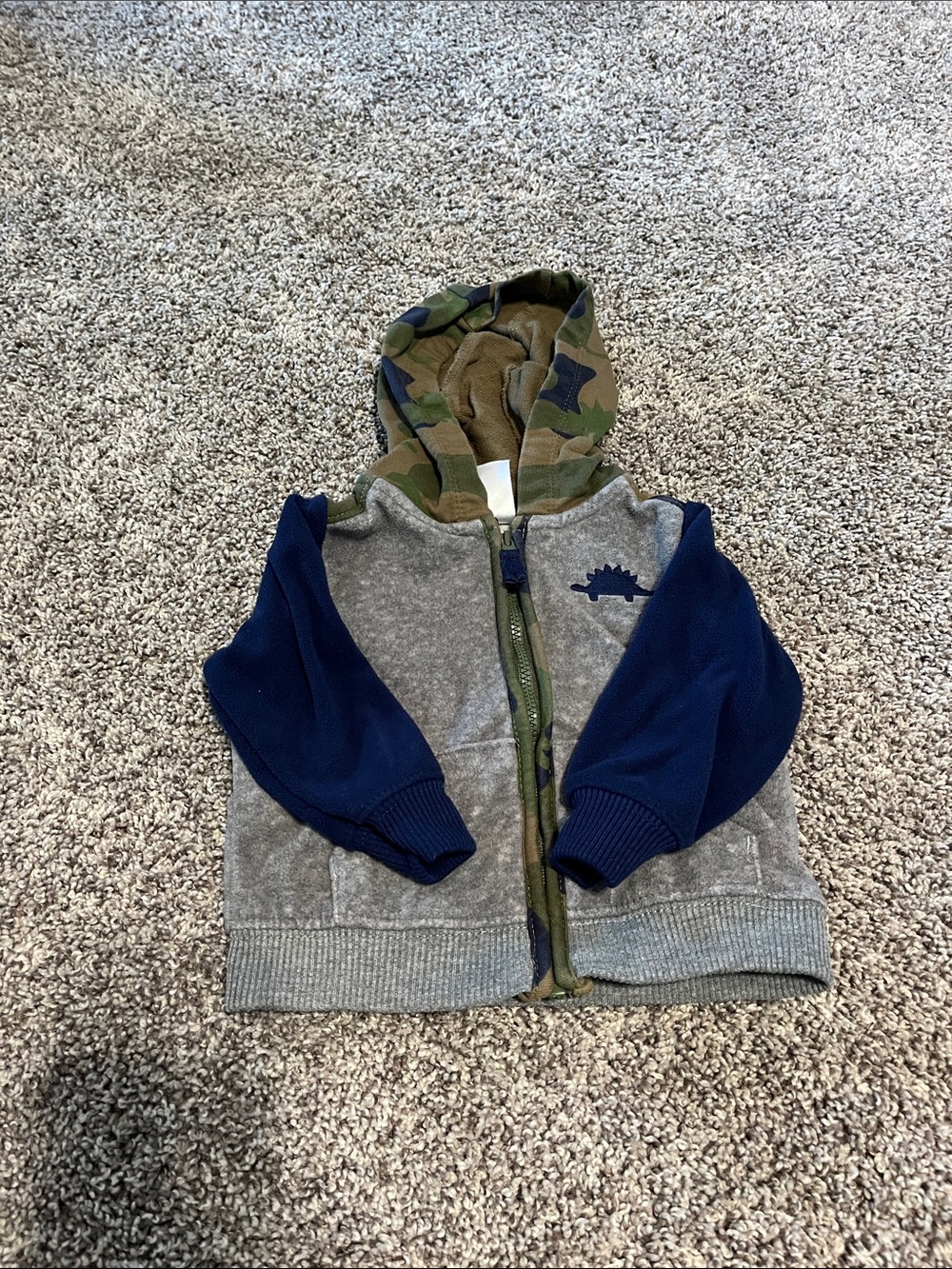 Carter's Gray, Navy & Camo Hooded Zip Jacket - Dinosaur Accent